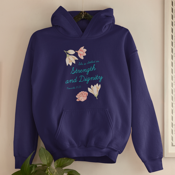 Navy blue “She is clothed in strength and dignity” women’s Christian hooded sweatshirt