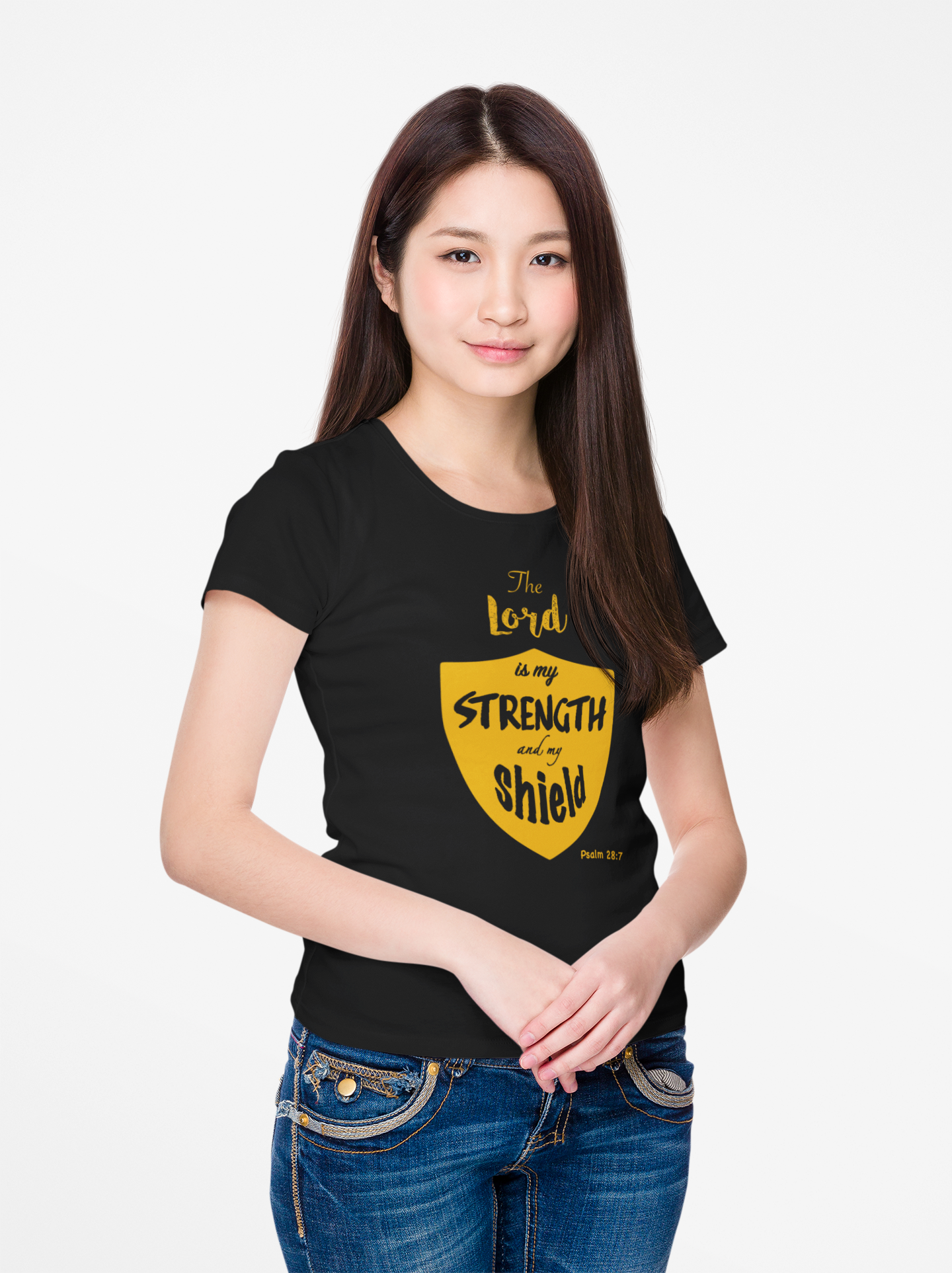 Black "The Lord is my strength and my shield" women's christian t-shirt