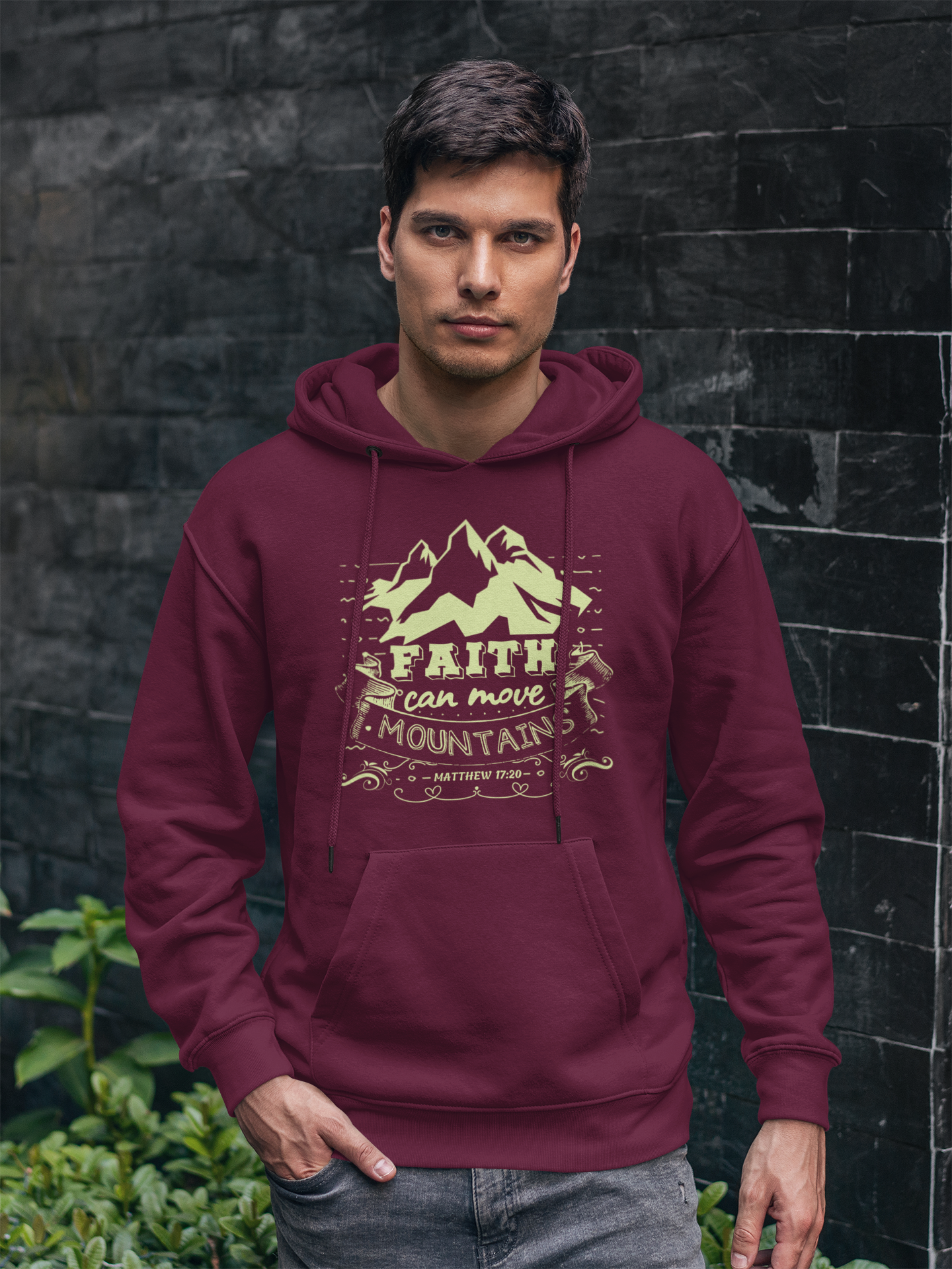 Maroon "Faith can move mountains" unisex christian hooded sweatshirt