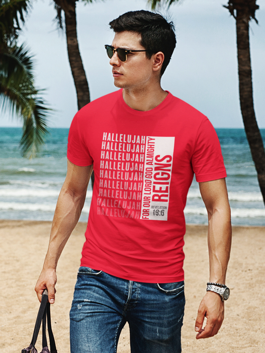 Red "Hallelujah for our Lord God Almighty reigns" unisex christian t-shirt