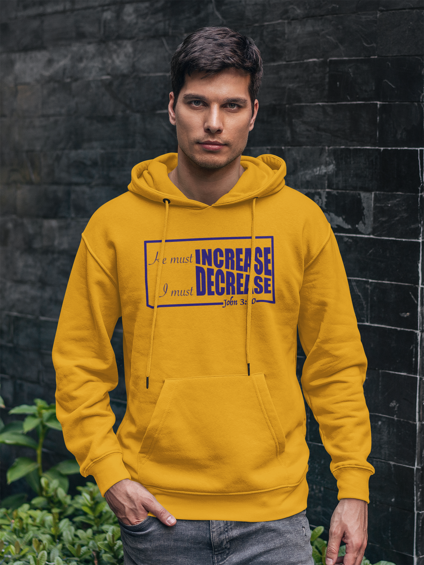 Golden Yellow "He must increase I must decrease" unisex christian hooded sweatshirt