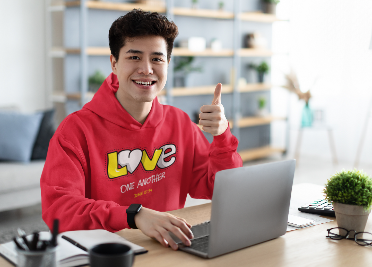 Red "Love one another" unisex Christian hooded sweatshirt