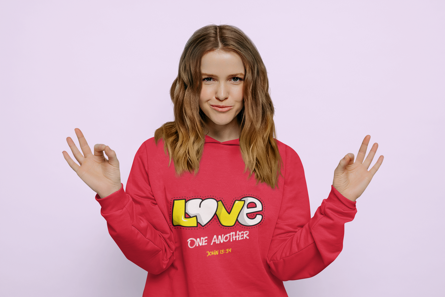 Red "Love one another" unisex Christian hooded sweatshirt