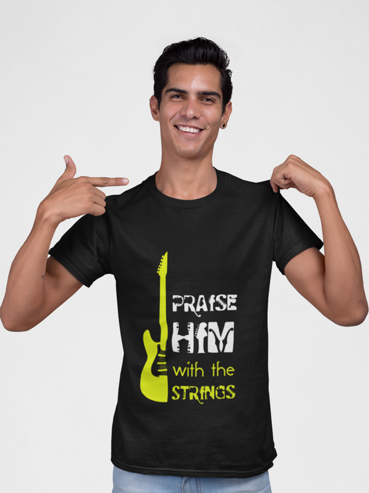 Black “Praise him with the strings” unisex Christian t-shirt