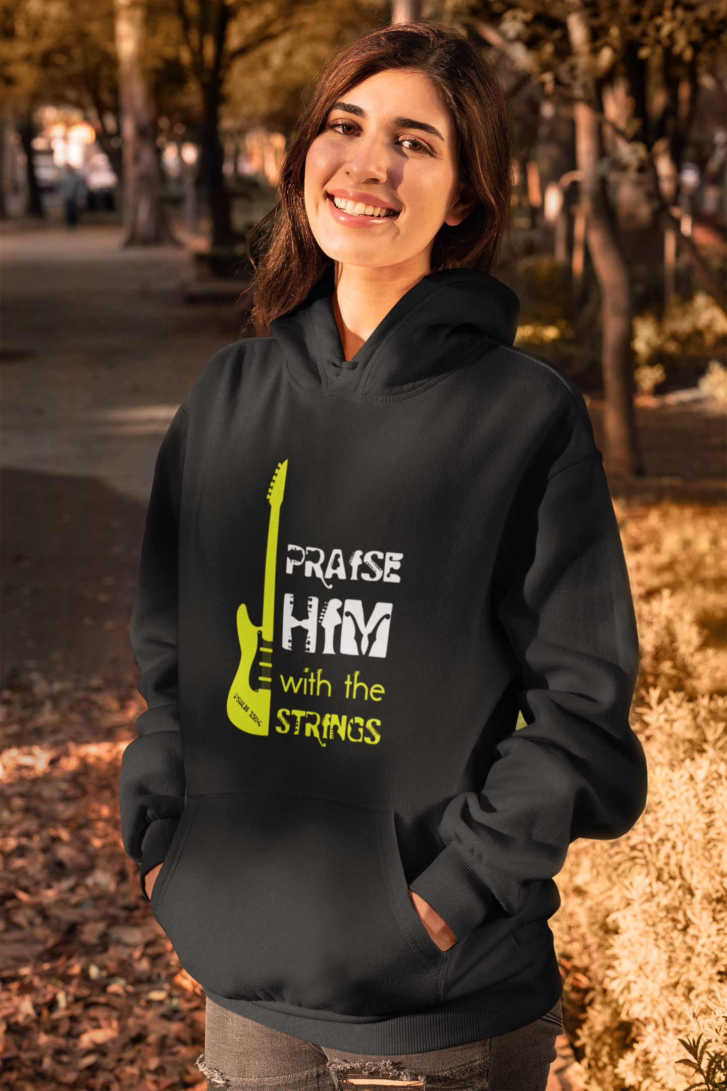 Black "Praise him with the strings" unisex christian hooded sweatshirt