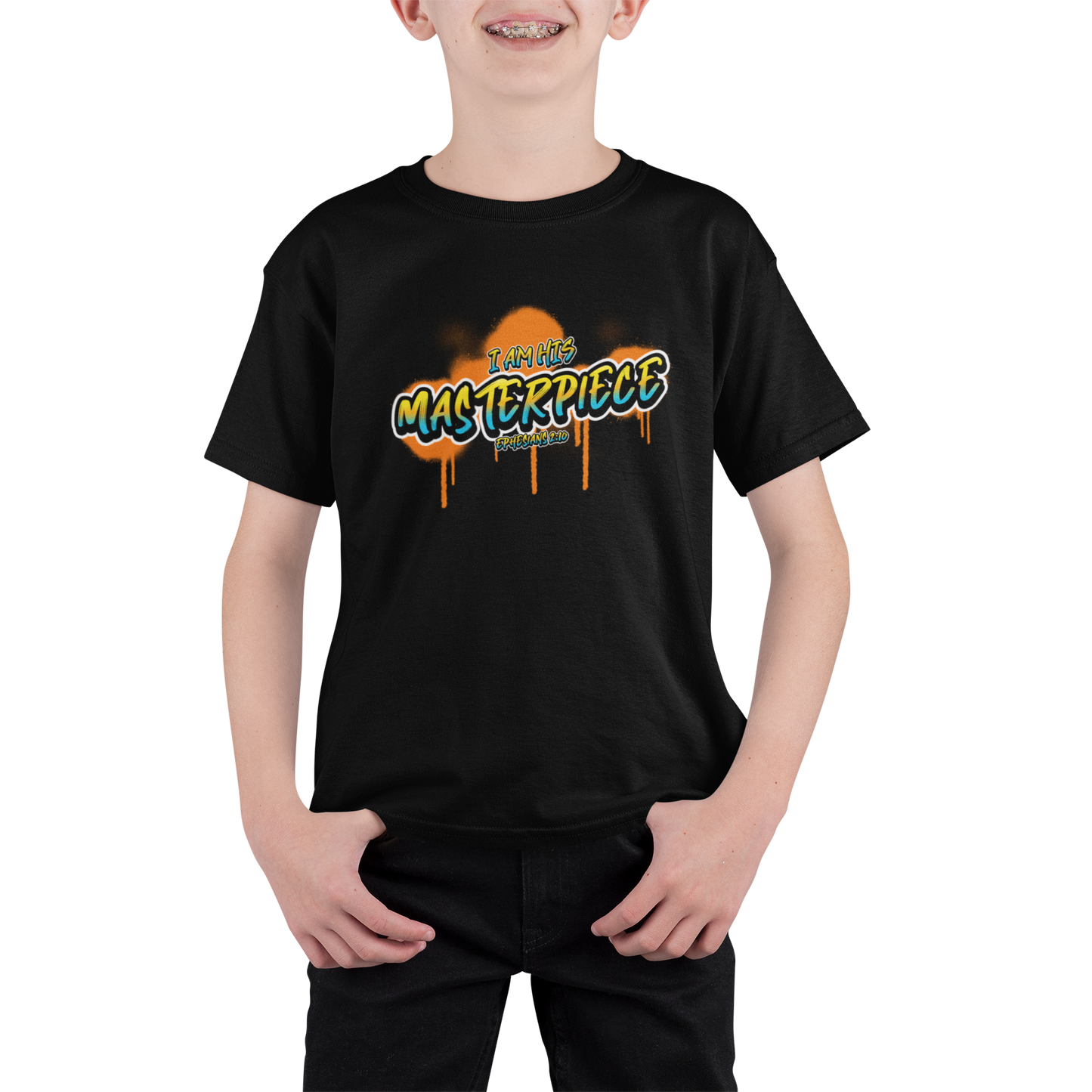 Black "I am his masterpiece" boys christian t-shirt
