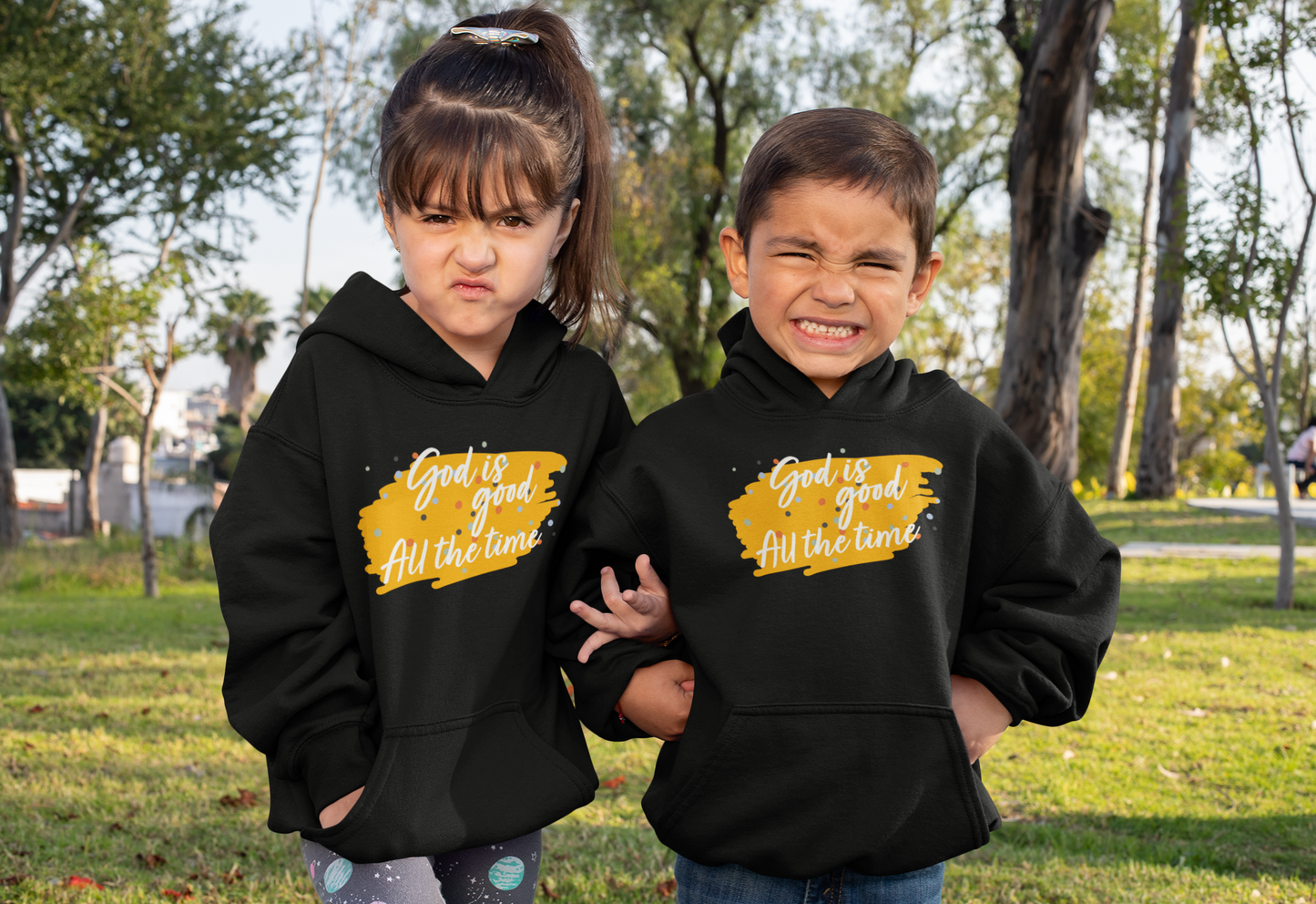 Black "God is good All the time" kids christian hooded sweatshirt