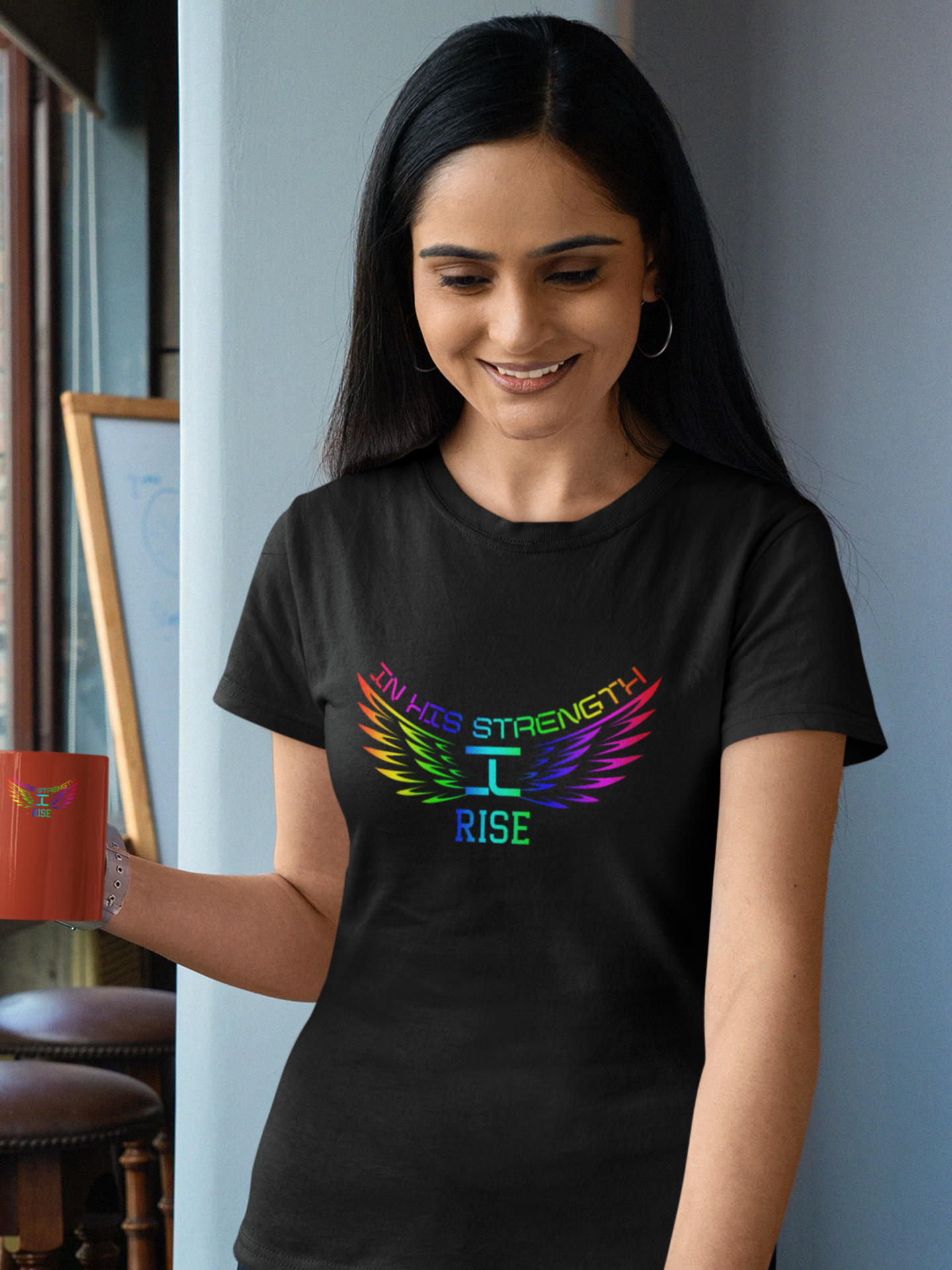 'In His strength, I rise' women's Christian t-shirt