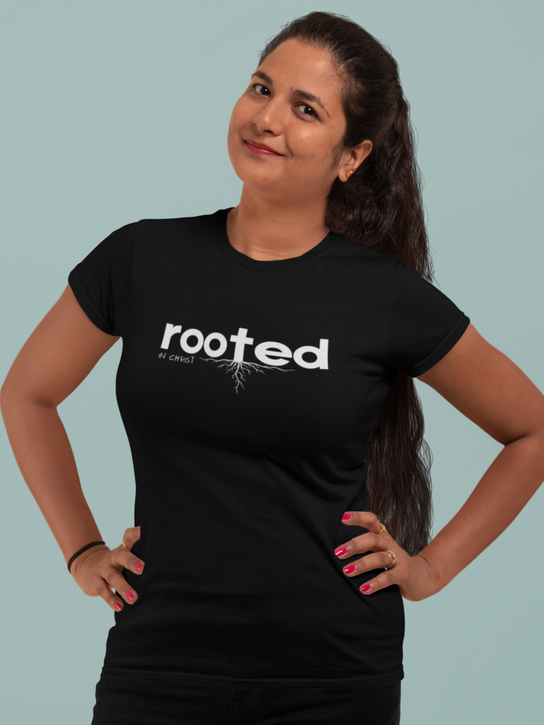 Rooted in Christ – Faith & Foundation women's Christian t-shirt