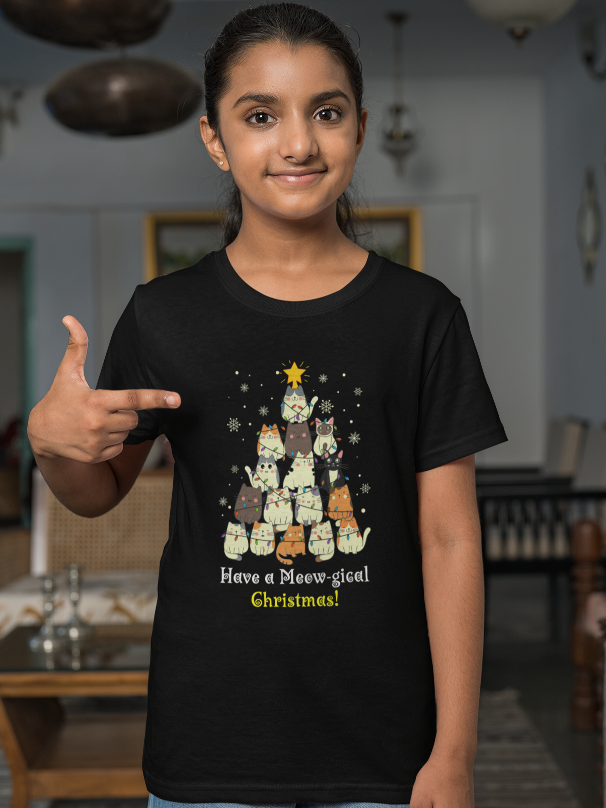 "Have a Meow-gical Christmas!" Christmas Cat T-Shirt for girls