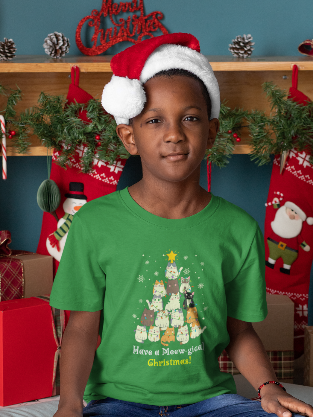 "Have a Meow-gical Christmas!" Christmas Cat T-Shirt for boys