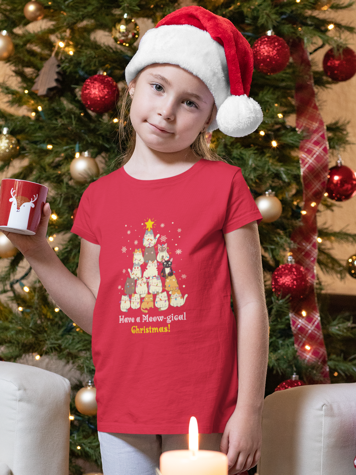 "Have a Meow-gical Christmas!" Christmas Cat T-Shirt for girls