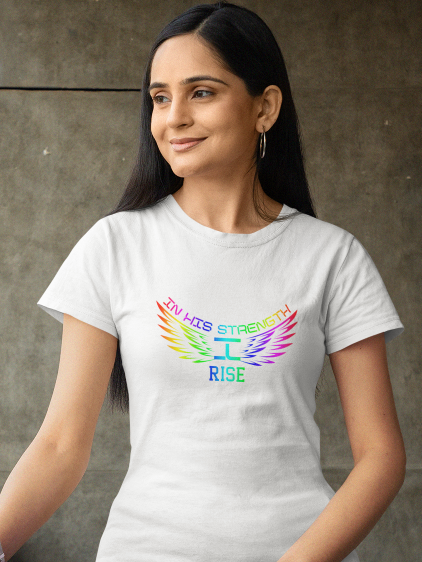 'In His strength, I rise' women's Christian t-shirt