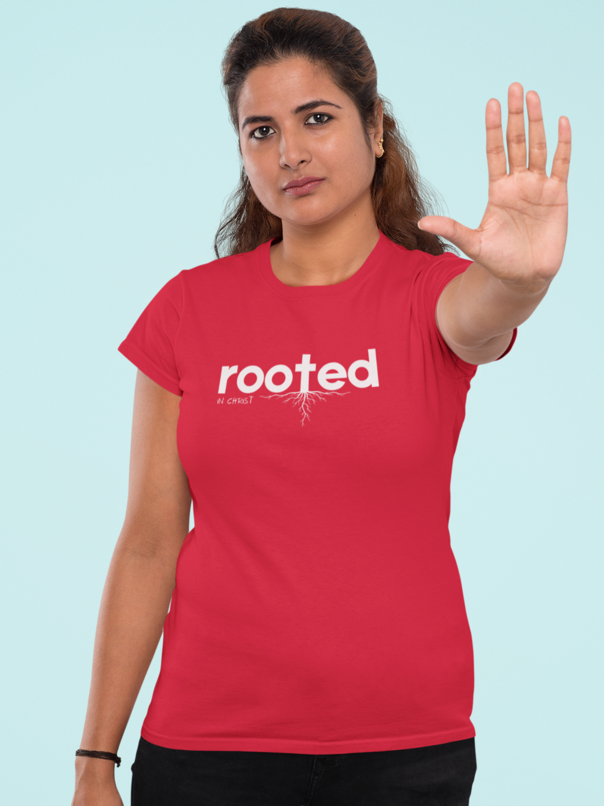 Rooted in Christ – Faith & Foundation women's Christian t-shirt