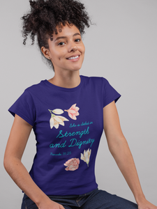 Navy blue ‘’She is clothed in strength and dignity’ women’s Christian t-shirt