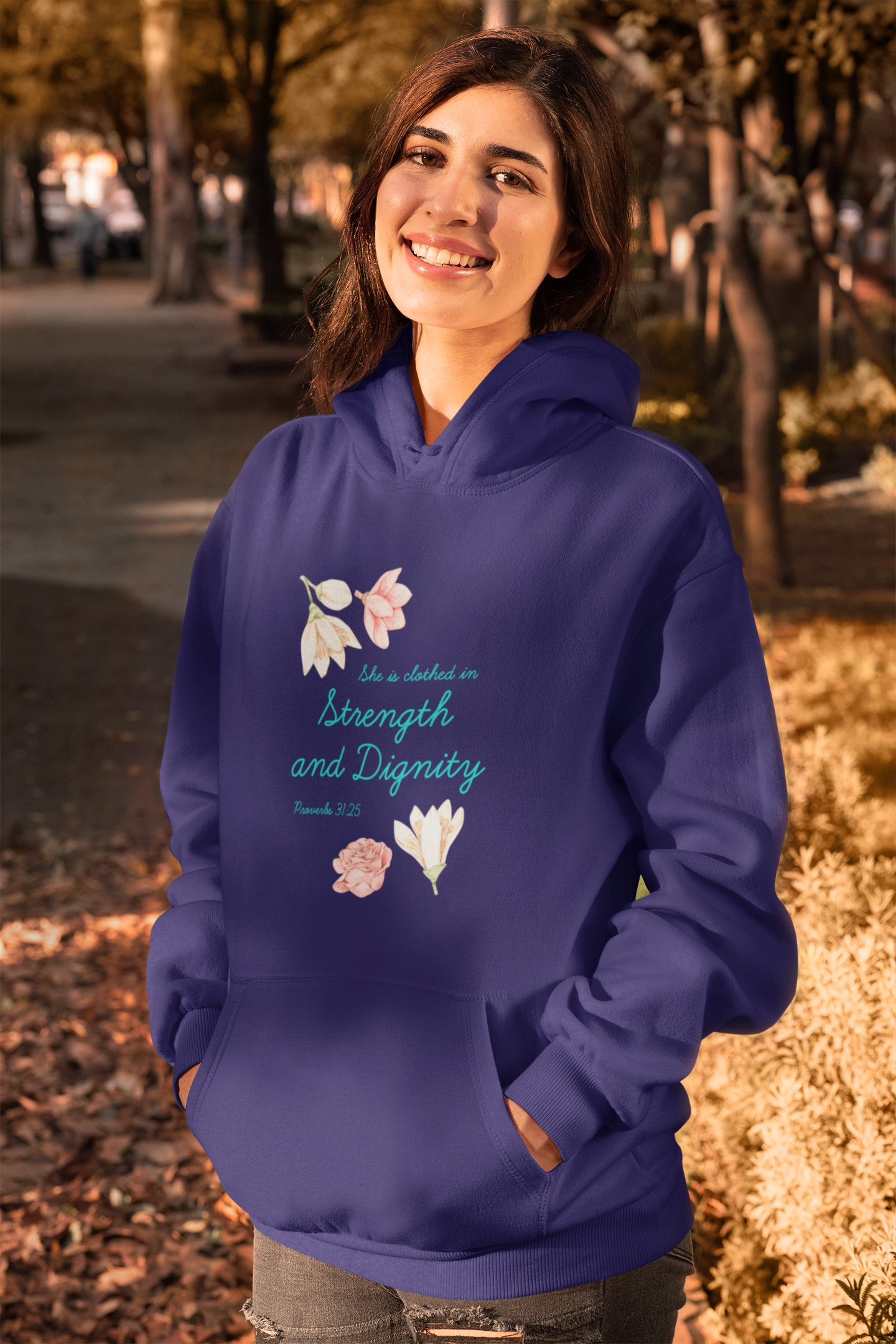 Navy blue “She is clothed in strength and dignity” women’s Christian hooded sweatshirt