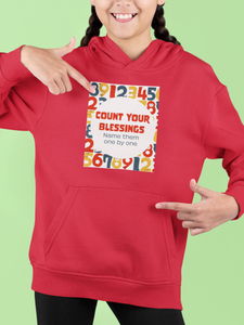 Red "Count your blessings" kids christian hooded sweatshirt