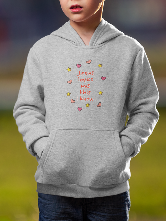 Grey "Jesus loves me this I know" kids christian hooded sweatshirt