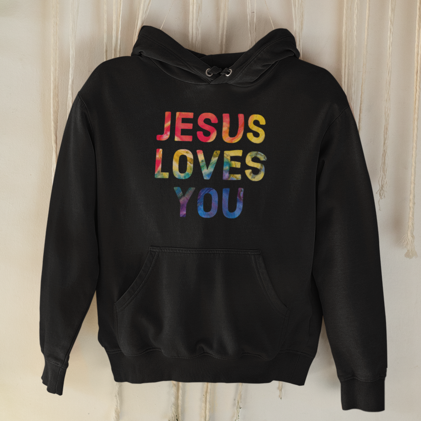 Black "Jesus Loves you" unisex christian hooded sweatshirt