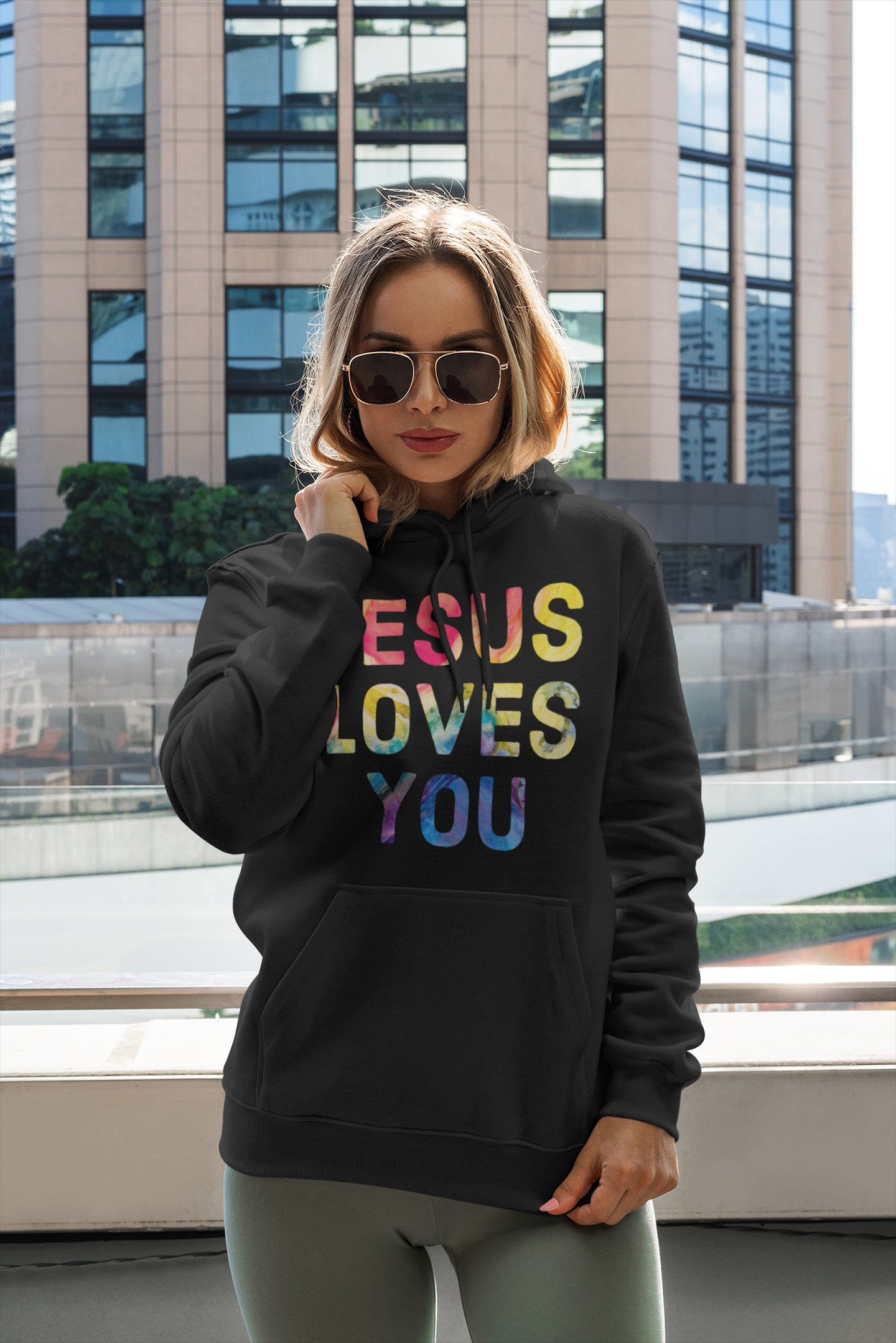 Black "Jesus Loves you" unisex christian hooded sweatshirt