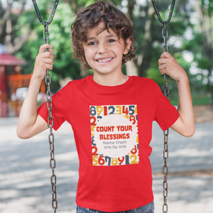 Red "Count your blessings" boys christian t-shirt