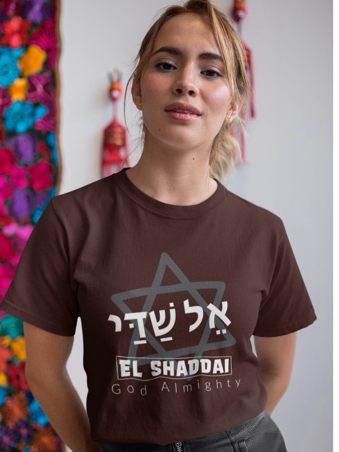 Coffee Brown "El Shaddai" hebrew women's christian t-shirt