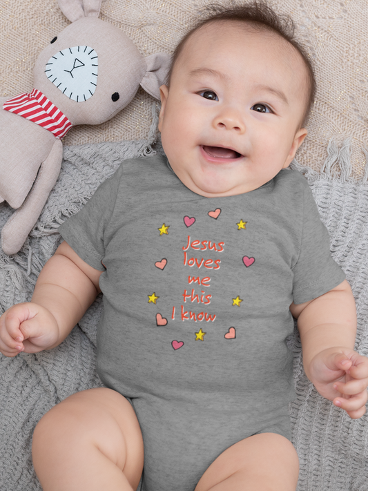 Grey "Jesus loves me this I know" unisex baby onesie