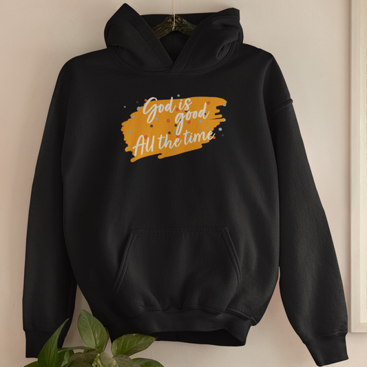 Black "God is good All the time" unisex Christian hooded sweatshirt