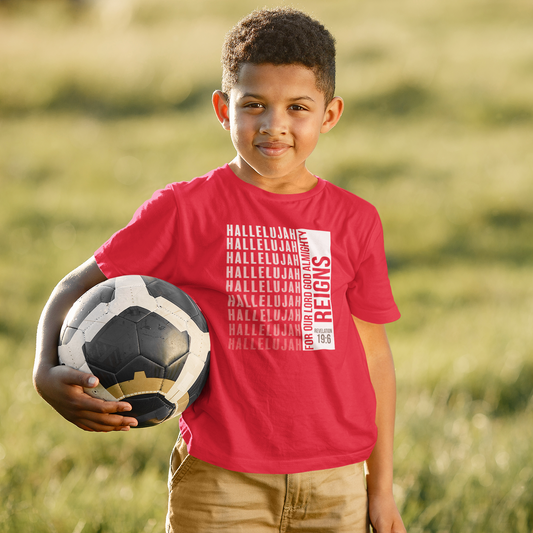 Red "Hallelujah for our Lord God Almighty reigns" boys christian t-shirt