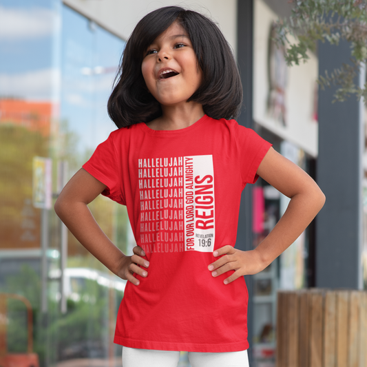 Red "Hallelujah for our Lord God Almighty reigns" girls christian t-shirt