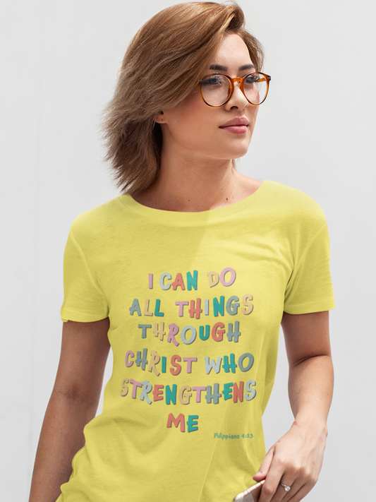 Yellow "I can do all things through Christ" women's christian t-shirt