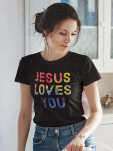 Black "Jesus Loves you" women's Christian t-shirt