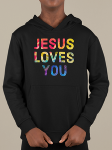 Black "Jesus loves you" kids christian hooded sweatshirt