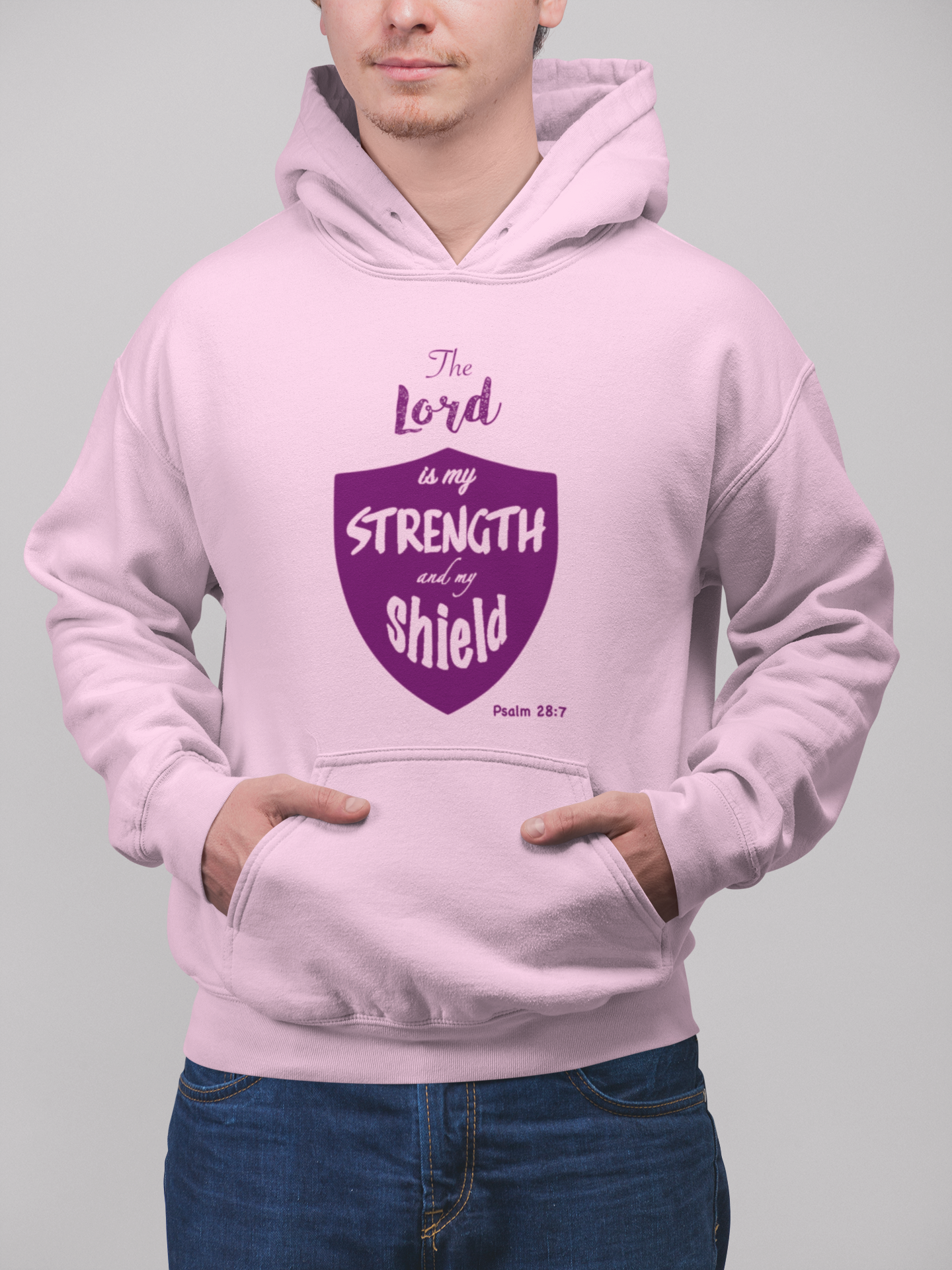 Mild pink "Lord is my strength and my shield" unisex christian hooded sweatshirt