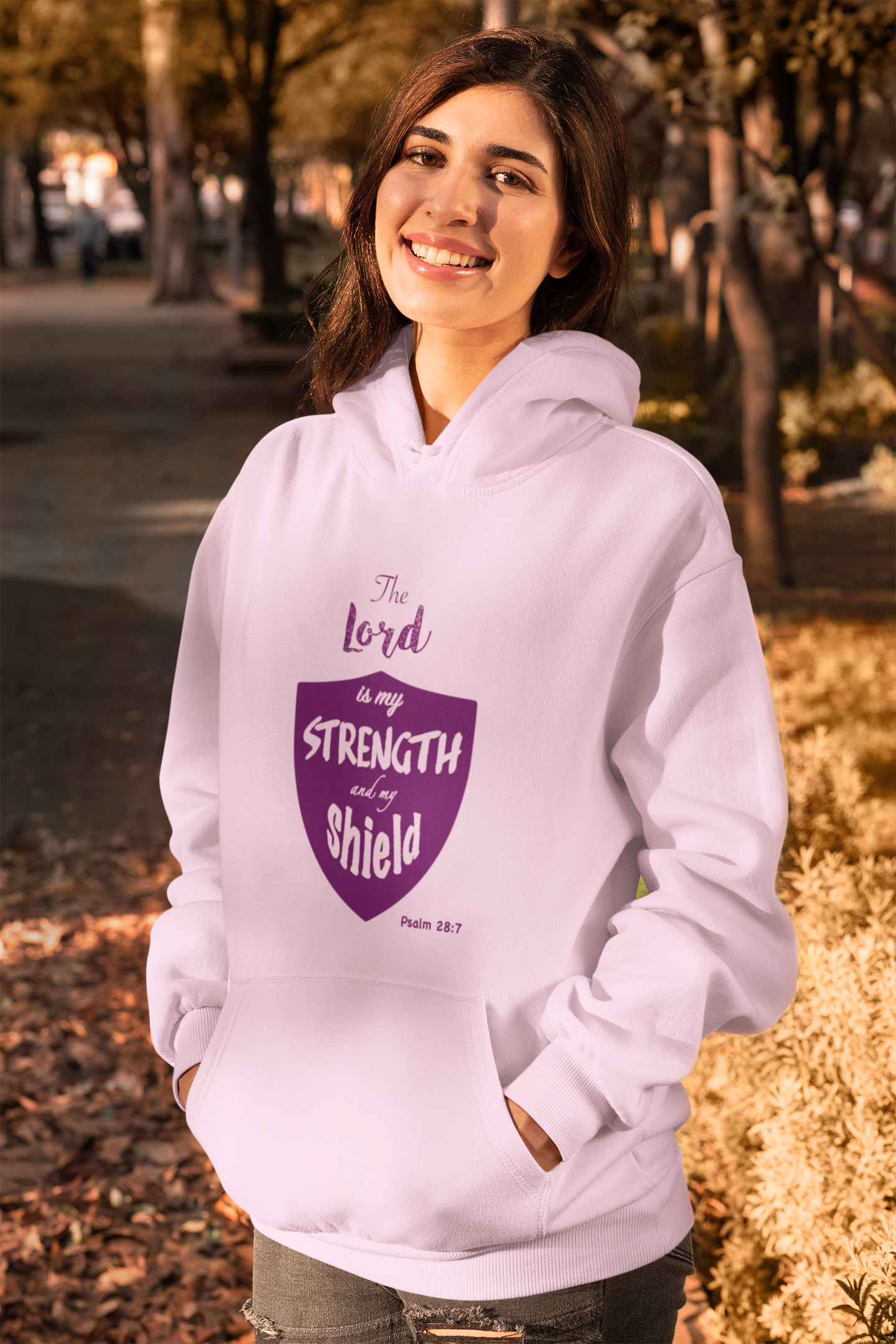 Mild pink "Lord is my strength and my shield" unisex christian hooded sweatshirt