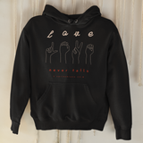 Black "Love never fails" unisex christian hooded sweatshirt