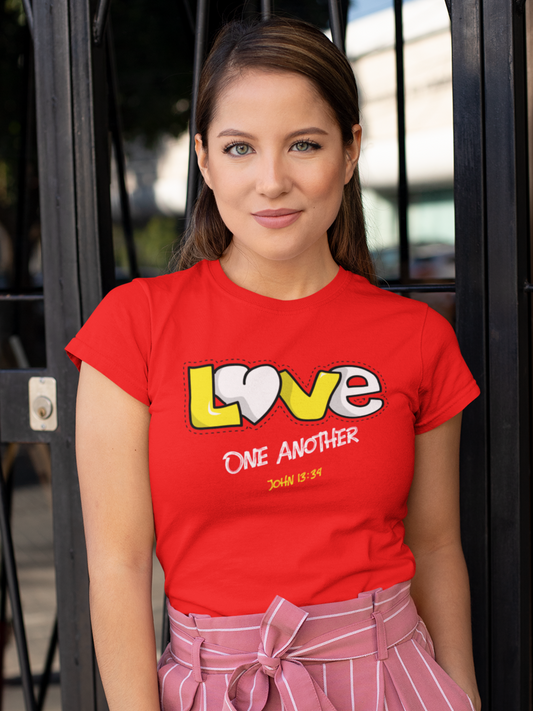 Red "Love one another" women's christian t-shirt