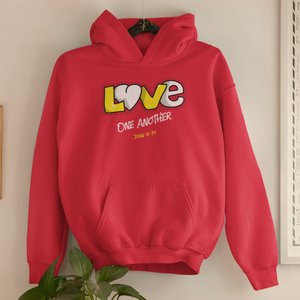 Red "Love one another" unisex Christian hooded sweatshirt