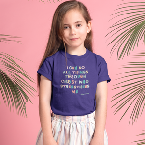 Navy Blue "I can do all things through christ" girls christian t-shirt