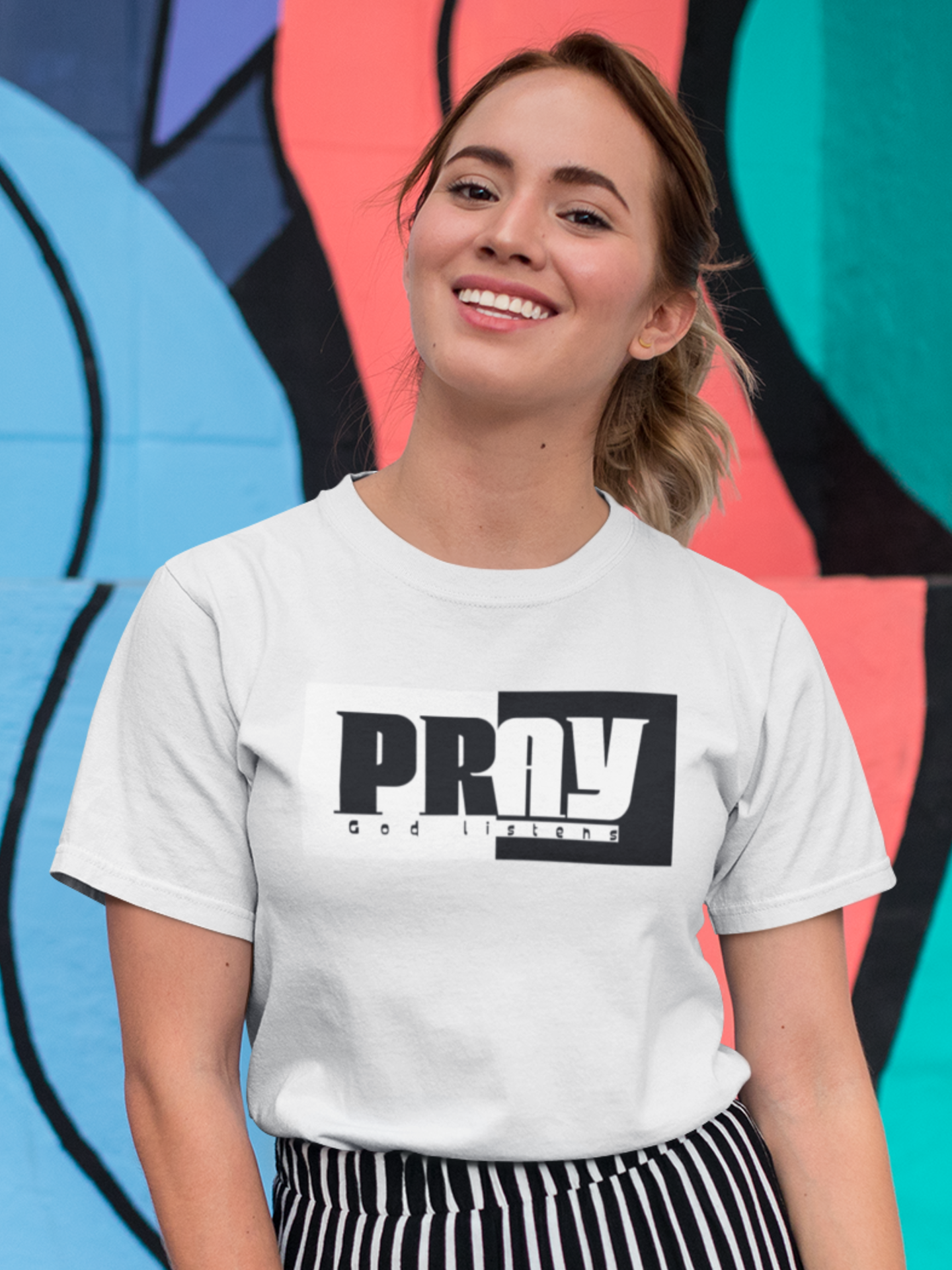 White "Pray" women's christian t-shirt