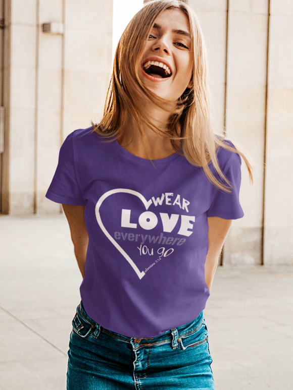 Purple “wear love everywhere you go” women's christian t-shirt
