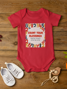 Red "Count your blessings"  unisex baby onesie