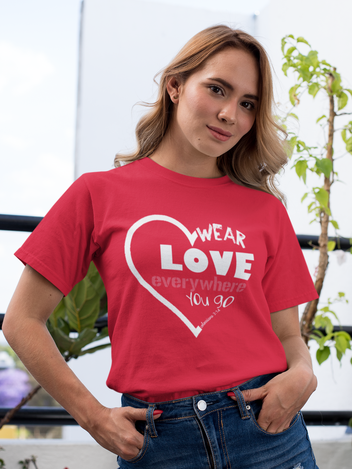 Red “wear love everywhere you go” women's christian t-shirt