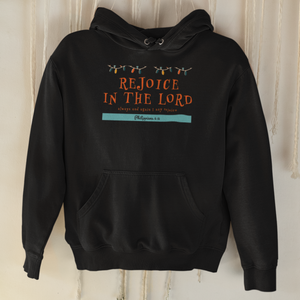 Black "Rejoice in the Lord" unisex Christian hooded sweatshirt