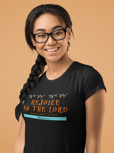 Black "Rejoice in the Lord" womens Christian t-shirt