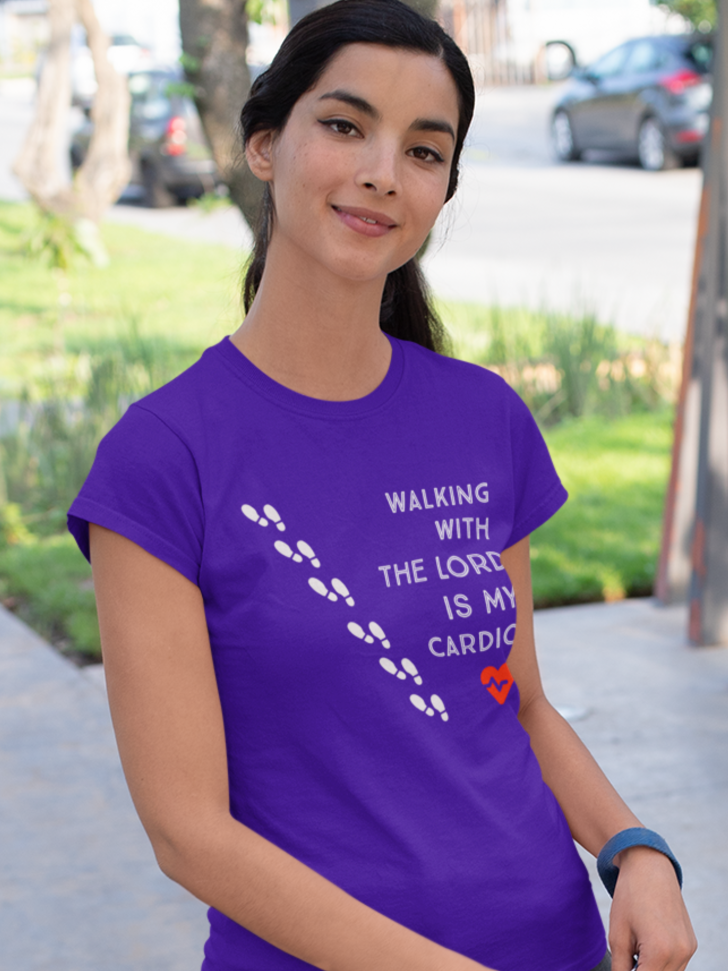 Purple "Walking with the Lord is my cardio" women's christian t-shirt