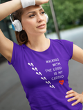 Purple "Walking with the Lord is my cardio" women's christian t-shirt