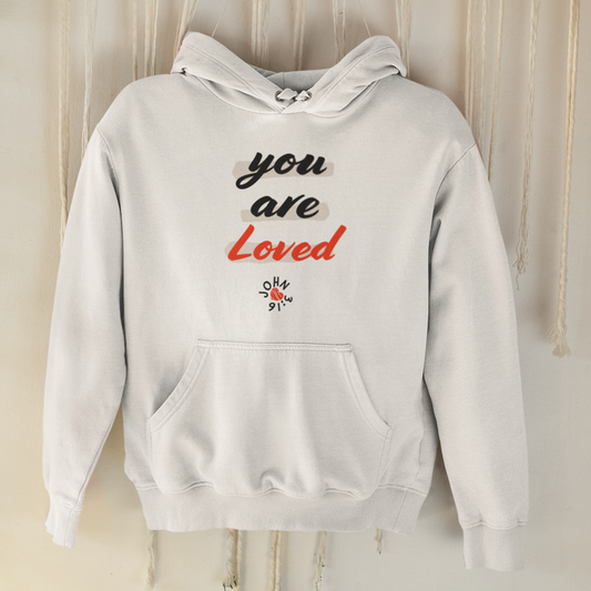 White "You are loved" unisex christian hooded sweatshirt