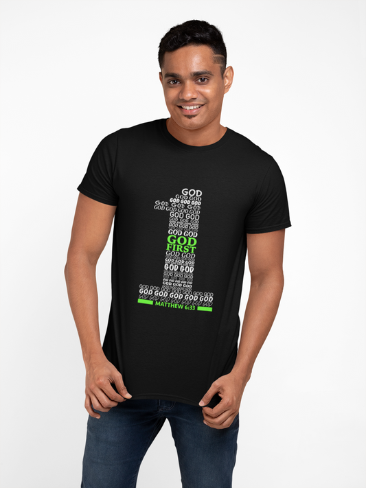 Black “God First” unisex Christian t-shirt