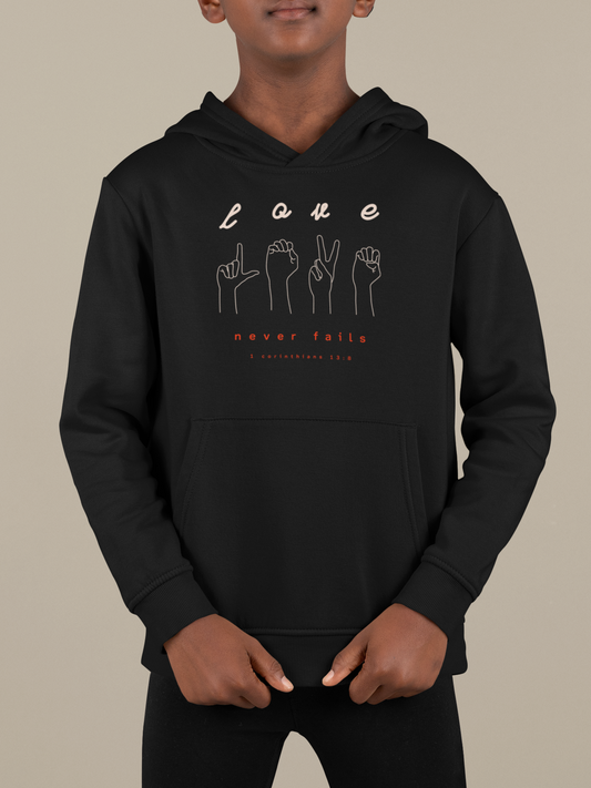 Black "Love never fails" kids christian hooded sweatshirt